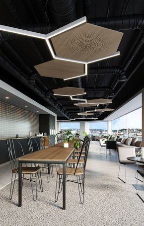 Modern Cafe Design Featuring Open Layout, Hexagonal Sound Panels, and Dynamic Atmosphere