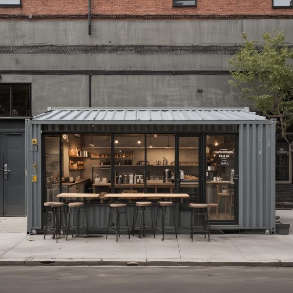 Modern Industrial Cafe Design in Shipping Container with Inviting Atmosphere and Natural Light