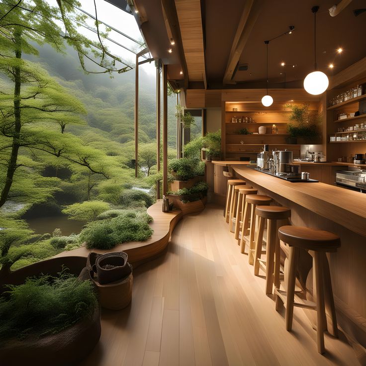 Serene Cafe Design Harmoniously Blends Natural Elements with Modern Aesthetics