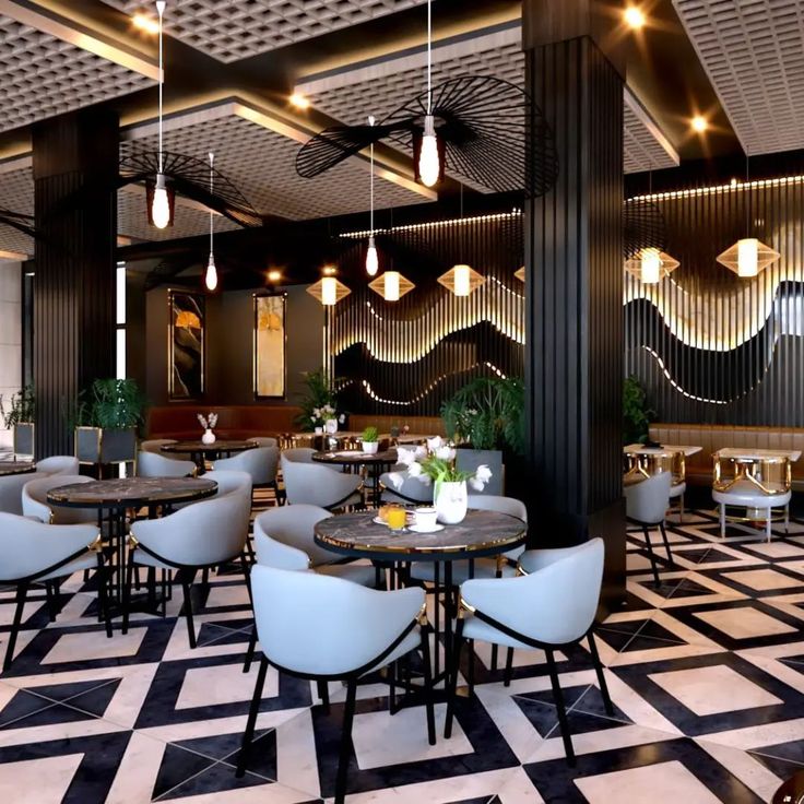 Sleek Contemporary Cafe Design Blends Geometric Flooring, Elegant Seating, and Lush Greenery for a Cozy Atmosphere