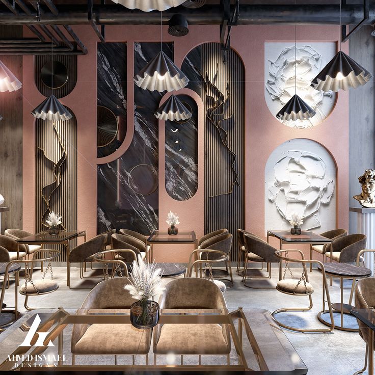 Sophisticated Cafe Design Merges Modern Aesthetics with Artistic Flair and Comfort