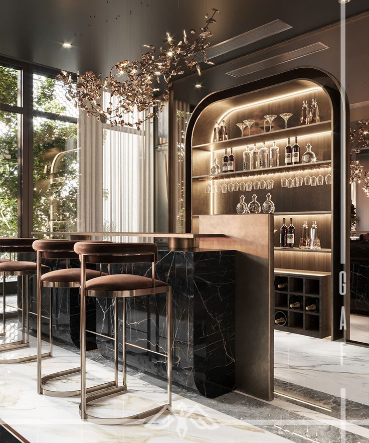 Elegant Cafe Design Showcasing Striking Marble Bar and Inviting Atmosphere