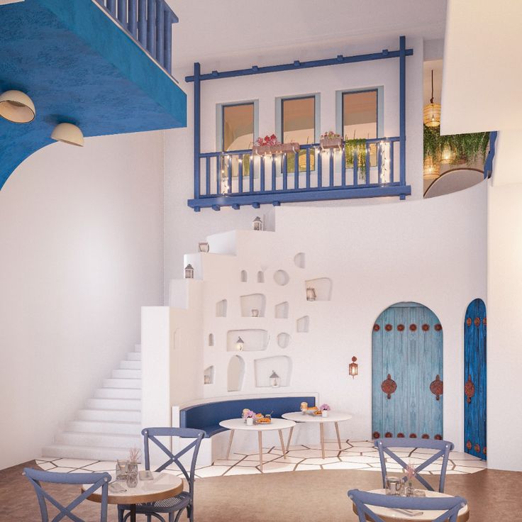 Captivating Mediterranean-Inspired Cafe Design: Bright Atmosphere, Unique Staircase, Cozy Seating, and Whimsical Decor