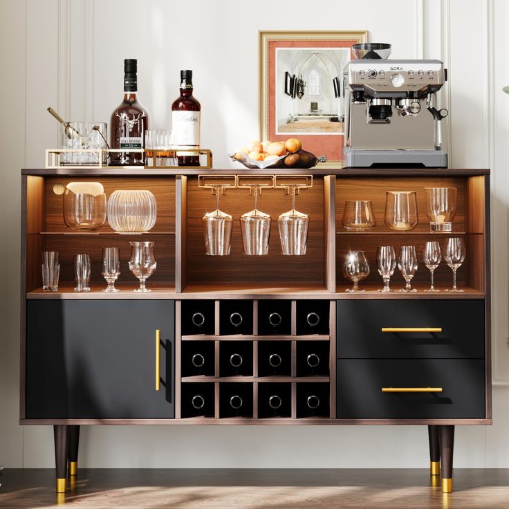 Modern Cafe Design Showcasing a Chic Bar Cabinet with Warm Wood and Sleek Black Accents