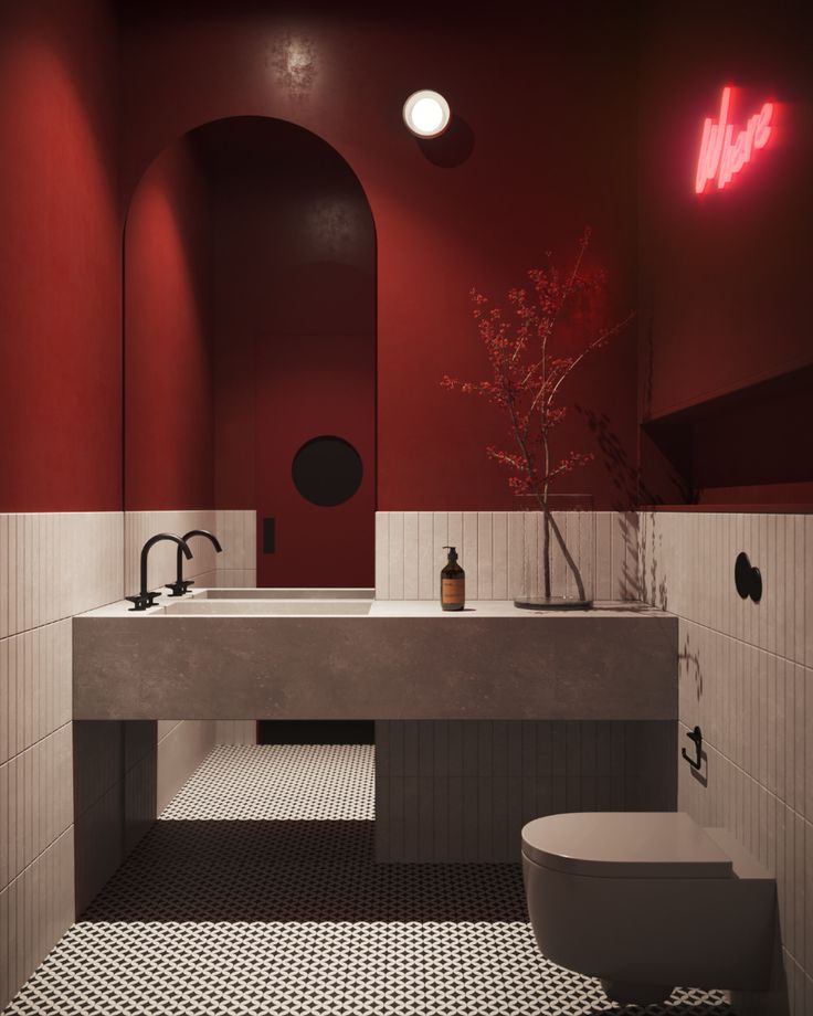 Elevated Cafe Restroom Design: Striking Red Palette and Modern Minimalism