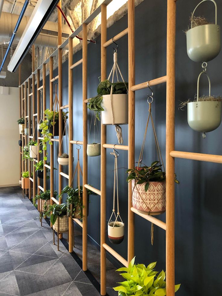 Chic Cafe Oasis: Inviting Vertical Garden Wall with Diverse Hanging Plants