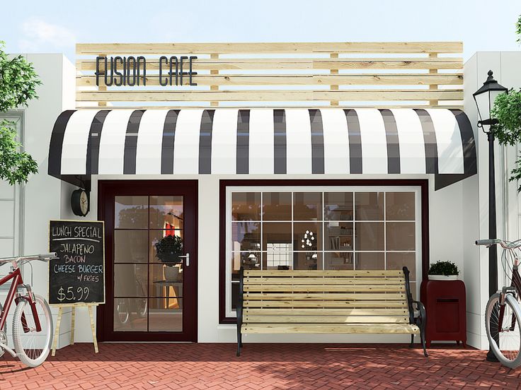 Charming Cafe Design Features Striped Awning, Inviting Signage, and Cozy Outdoor Ambiance