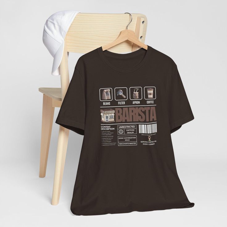 Cozy Cafe Aesthetic: Dark T-Shirt, Wooden Chair, and White Cap Celebrate Barista Culture