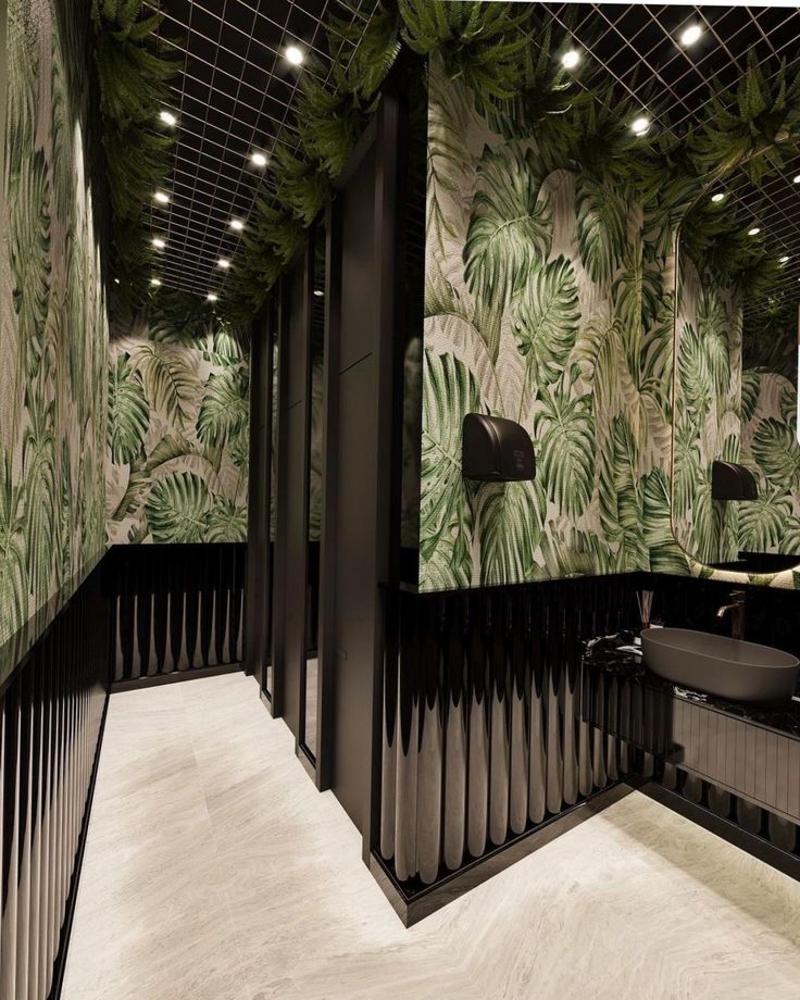 Modern Aesthetic Meets Organic Elements in Cafe Restroom Design