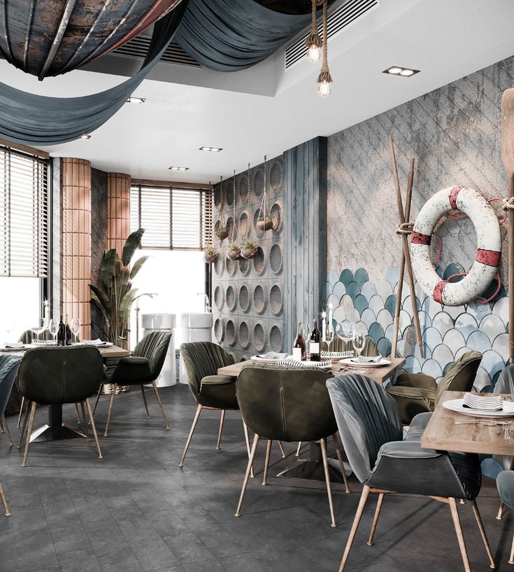 Modern Nautical Cafe: Tranquil Blues, Plush Furnishings, and Inviting Coastal Vibes