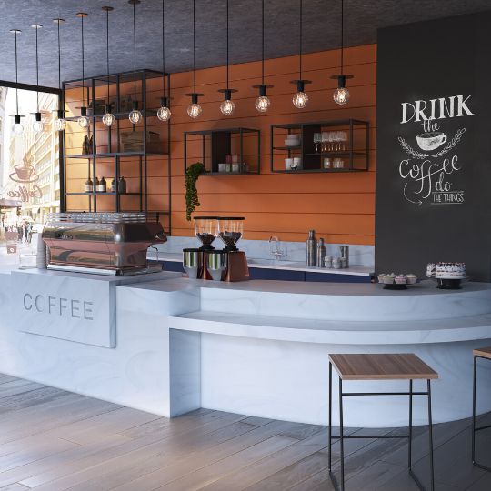 Modern Cafe Design: Inviting Aesthetic with Sleek Countertop and Cozy Ambiance