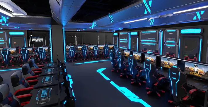 Modern High-Tech Cafe Design with Vibrant LED Ambiance and Ergonomic Gaming Spaces