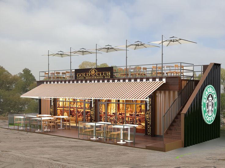 Modern Two-Level Cafe Design Featuring Outdoor Seating and Rooftop Terrace