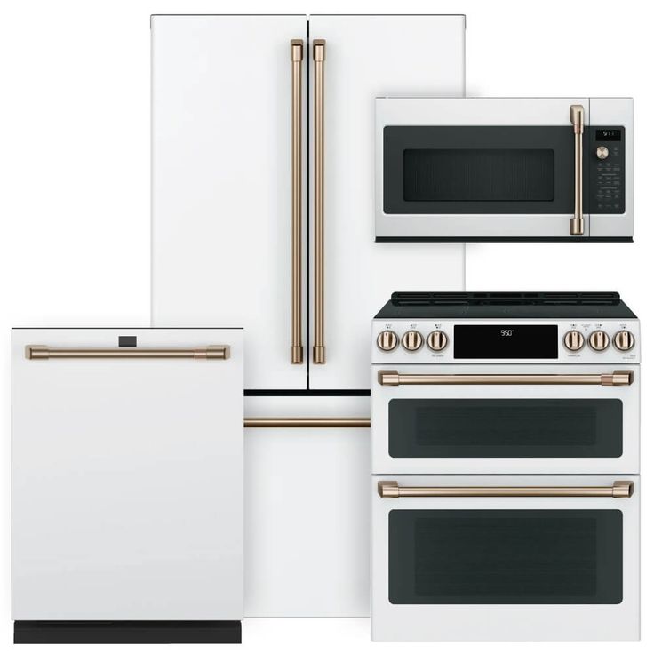 Elegant White and Bronze Kitchen Appliance Set Perfect for Modern Cafe Aesthetics