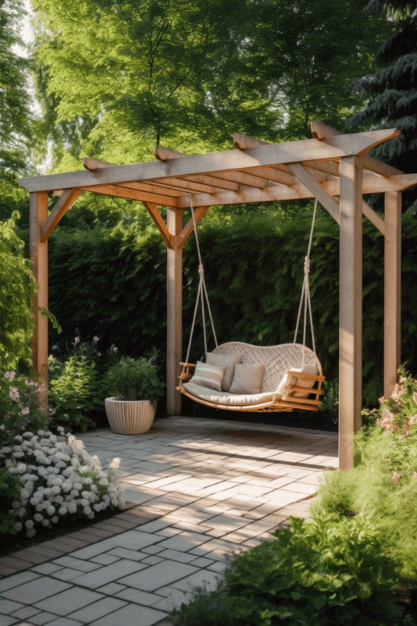 Serene Outdoor Oasis: Charming Wooden Swing Surrounded by Lush Greenery and Floral Arrangements