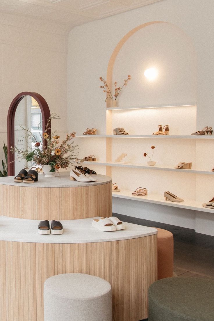 Inviting Modern Space Showcasing Footwear with Minimalist Design and Natural Elements