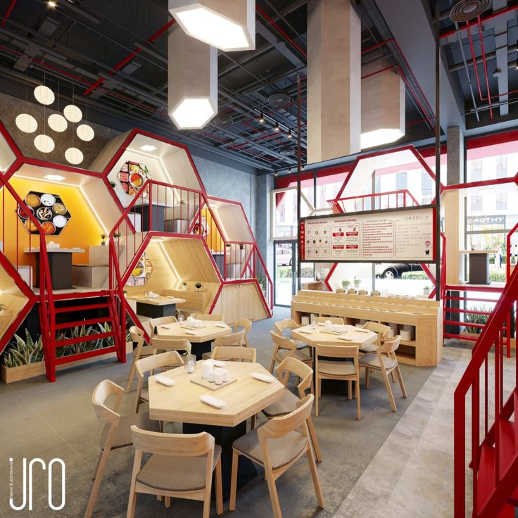 Vibrant and Modern Cafe Design with Unique Hexagonal Theme and Inviting Atmosphere