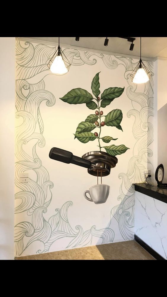 Inviting Cafe Design Merges Coffee Culture and Nature with Striking Mural and Modern Ambiance