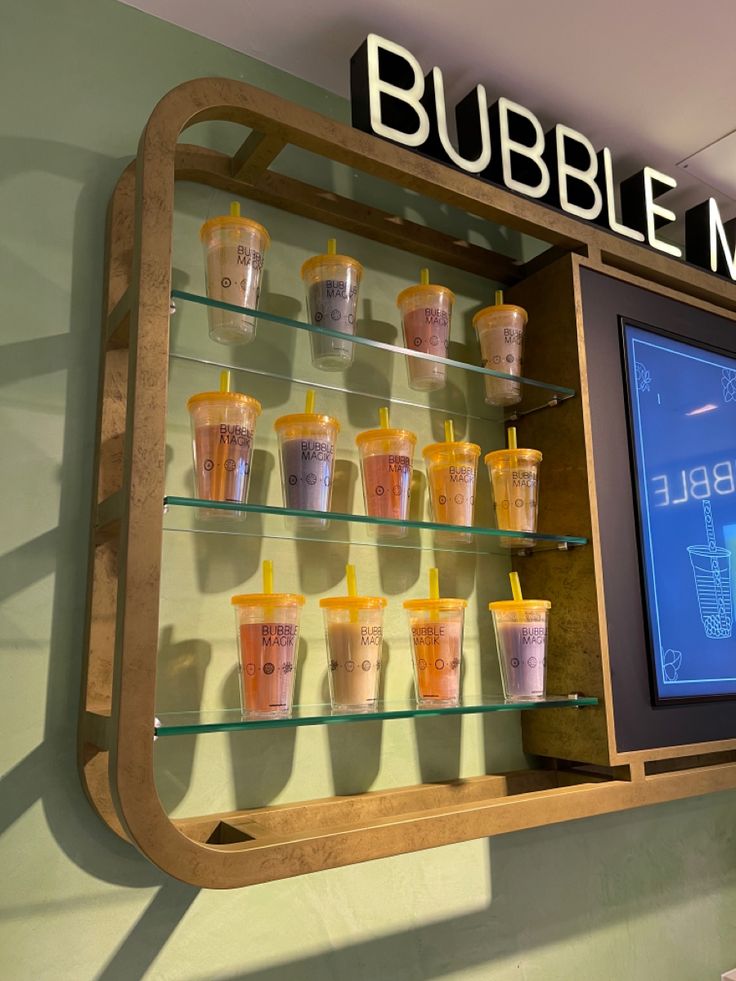 Contemporary Bubble Tea Display: Vibrant Drinks in a Modern Cafe Setting