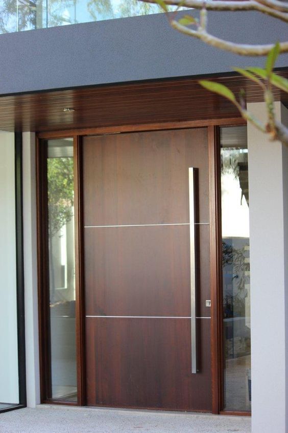 Modern Cafe Entrance with a Sleek Wooden Door and Inviting Glass Panels