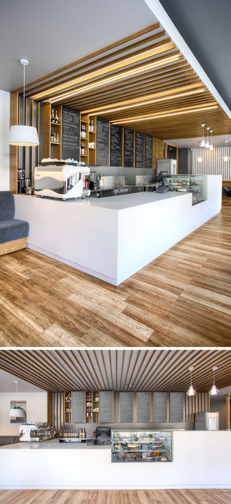 Modern Cafe Design: A Harmonious Blend of Sleek White Counter, Warm Wood Accents, and Inviting Atmosphere