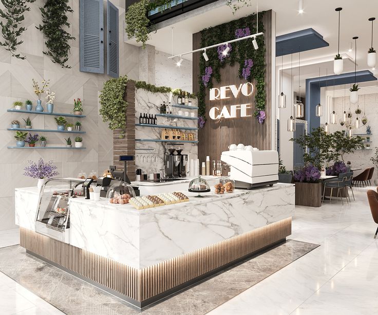 Modern Cafe Design Blends Elegance and Coziness with Striking Marble Counter and Stylish Decor