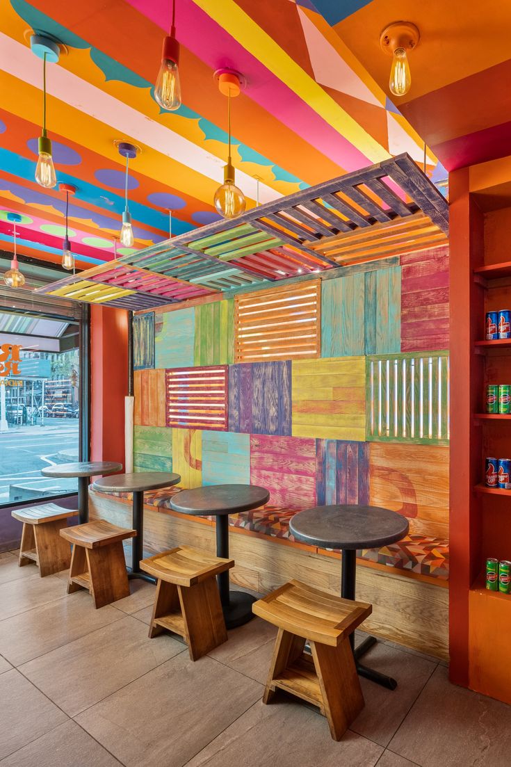 Vibrant Cafe Design: A Modern, Energetic Atmosphere with Colorful Accents