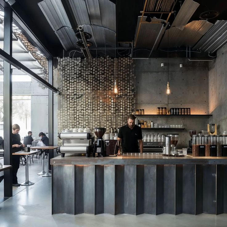 Modern Industrial Cafe: Minimalist Design with Inviting Atmosphere and Stylish Seating