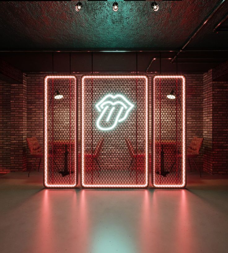 Trendy Cafe Showcases Industrial Design with Neon Highlights and Inviting Ambiance