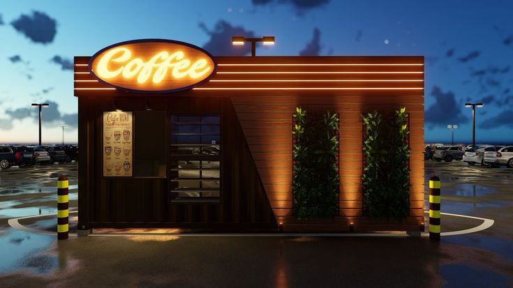 Modern Cafe Design Blends Warm Wood Facade, Nostalgic Signage, and Lush Greenery for an Inviting Evening Ambiance