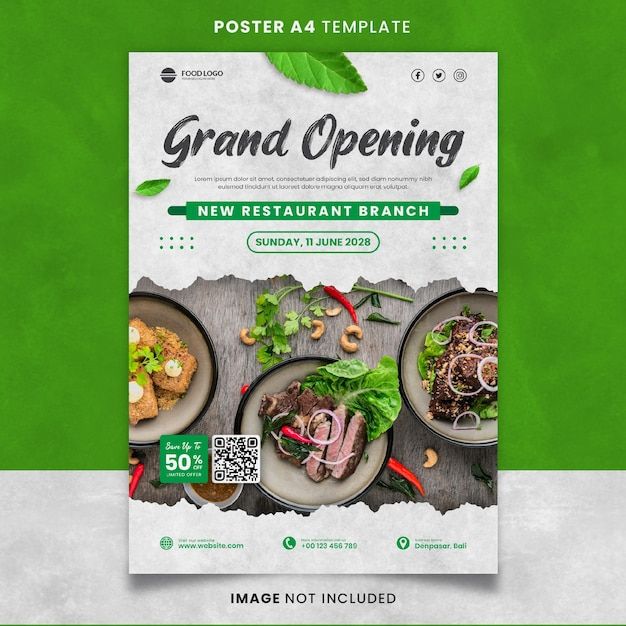 Modern Restaurant Design: Fresh Green Aesthetic with Inviting Culinary Visuals and Welcoming Atmosphere for Grand Opening