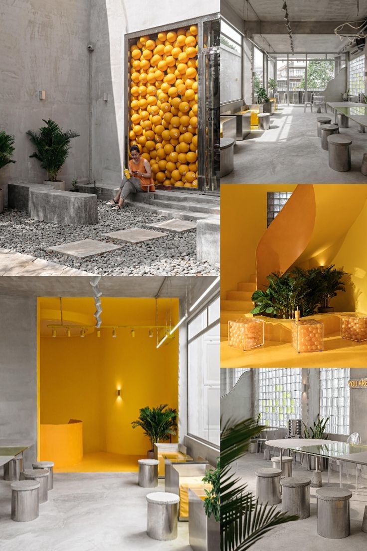 Modern Cafe Design: A Lively Blend of Concrete, Yellow Accents, and Natural Elements