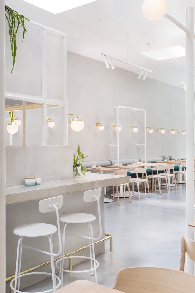 Modern Minimalist Cafe Design: A Serene Space Blending Natural Light, Subtle Greenery, and Warm Decor for Relaxation and Socializing