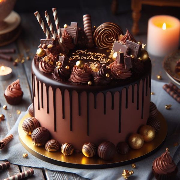 Decadent Chocolate Cake: A Luxurious Birthday Centerpiece with Elegant Decorations and Inviting Atmosphere