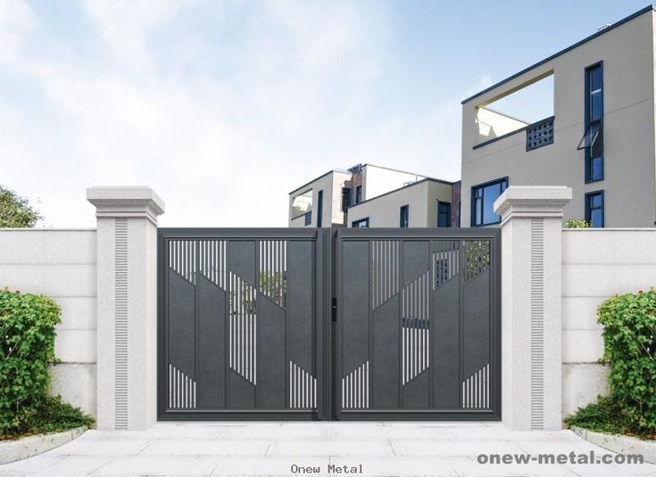 Stylish Modern Metal Gate Enhances Contemporary Property with Elegant Geometric Design and Natural Elements