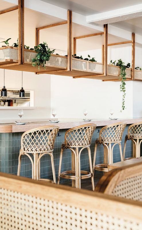 Spacious Cafe Design: A Serene Atmosphere with Natural Materials and Lush Greenery