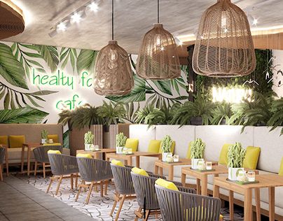 Tropical-Themed Cafe Design: Vibrant Atmosphere with Lush Greenery and Cozy Seating