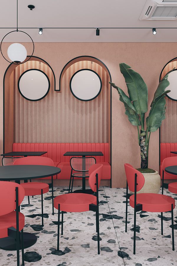 Modern Cafe Design: Inviting Aesthetic with Warm Colors, Bold Accents, and Playful Geometry