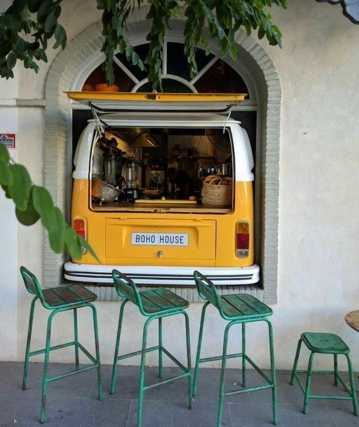 Charming Cafe Design Featuring Vibrant Yellow Van as Cozy Pop-Up Counter