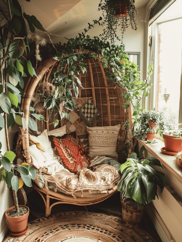 Cozy Cafe Nook: A Tranquil Retreat with a Woven Hanging Chair and Lush Greenery