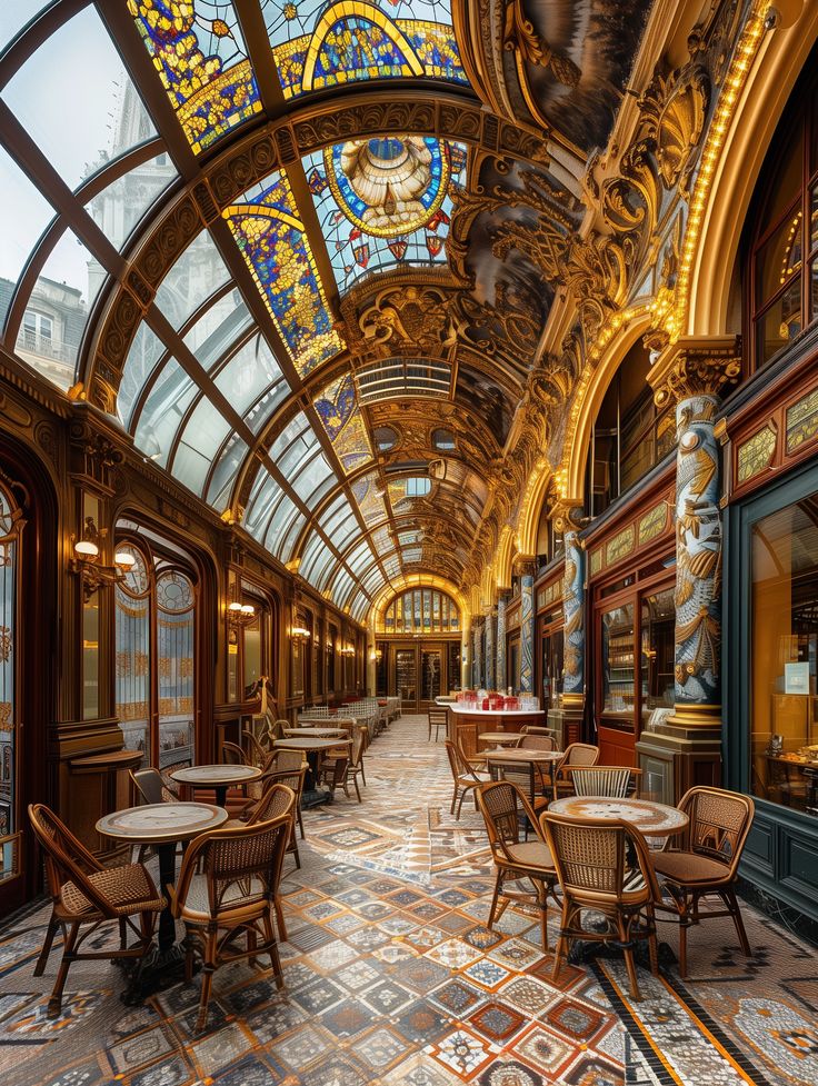 Elegant Cafe Design with Arched Glass Ceiling and Ornate Details for a Luxurious Ambiance