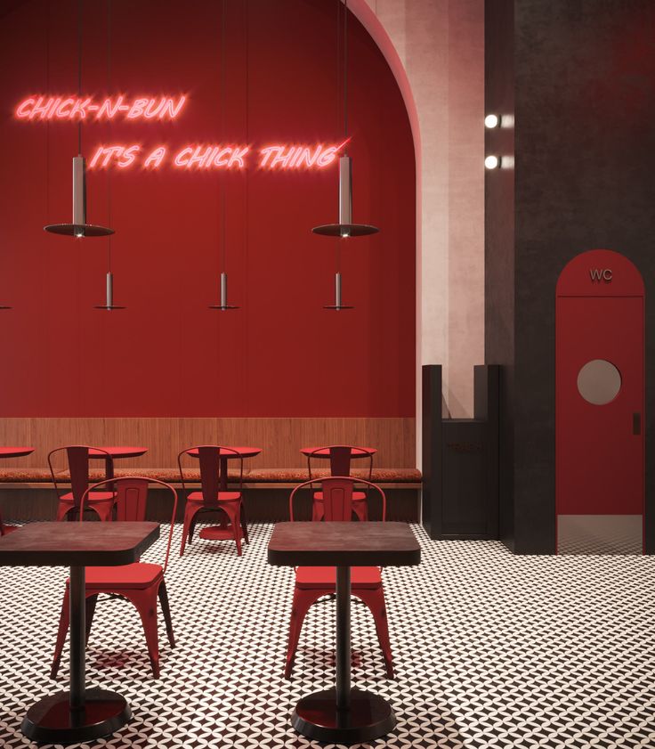 Vibrant Cafe Design Balances Playful Elegance with Striking Red Palette and Modern Furnishings