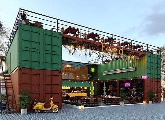 Modern Cafe Design: Repurposed Shipping Containers and a Vibrant Outdoor Dining Experience