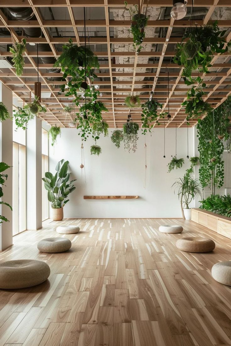 Cafe Design: A Serene, Biophilic Space with Natural Light and Lush Greenery