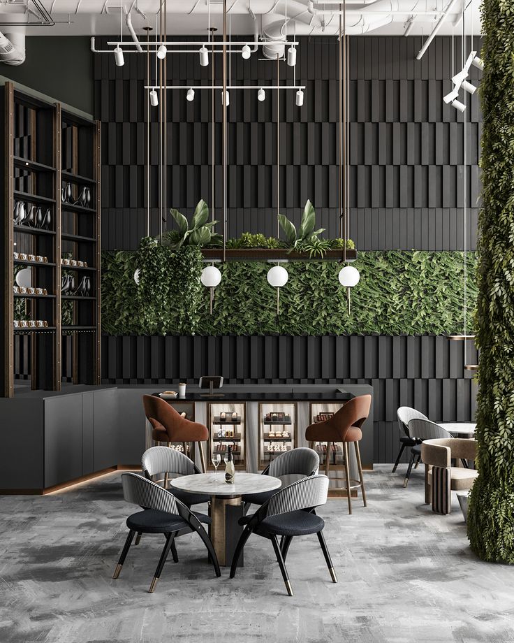 Modern Cafe Design Blends Textured Walls, Vibrant Greenery, and Cozy Seating for a Relaxed Atmosphere