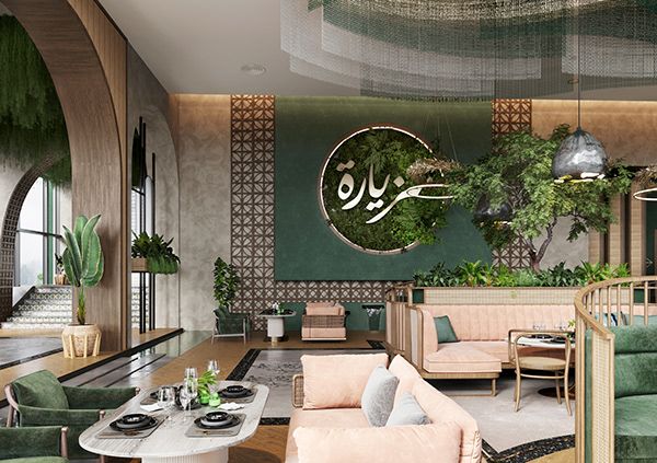 Modern Elegant Cafe Design Blends Soft Pastels and Lush Greenery for a Serene Atmosphere