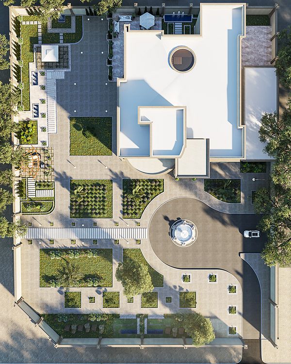 Spacious Cafe Design: Harmonious Outdoor Space with Inviting Seating and Lush Greenery