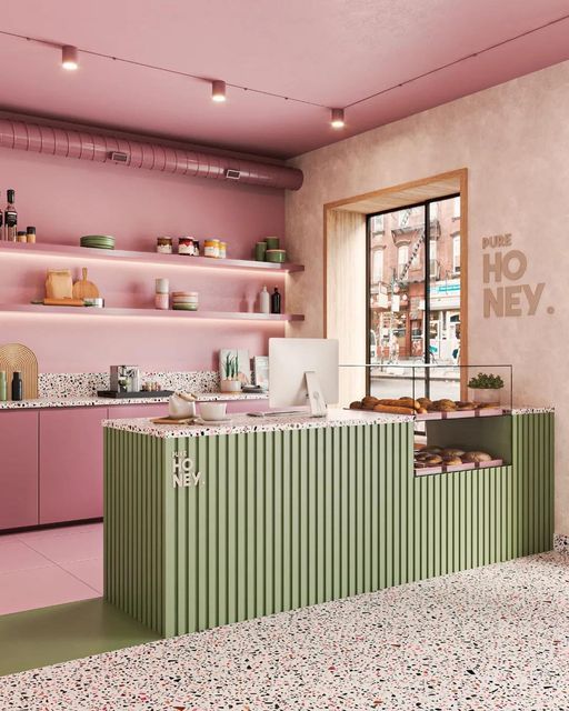 Modern Playful Cafe Design Featuring Soft Pink Palette and Vibrant Green Accents