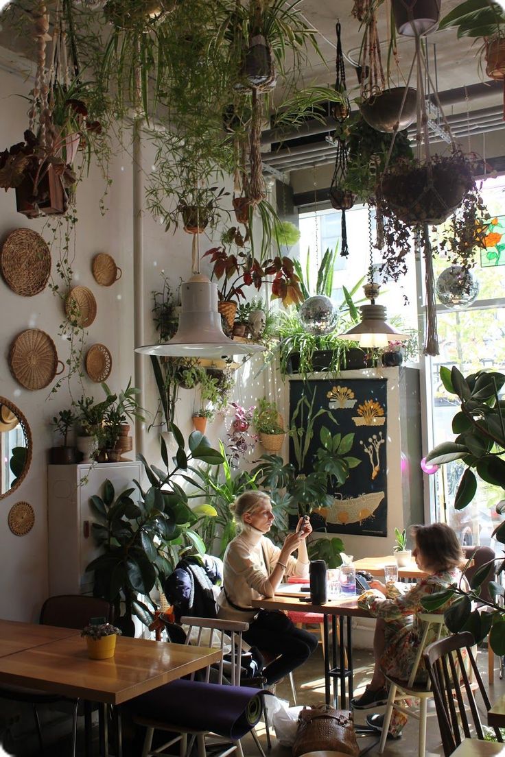 Charming Cafe Oasis: Lush Plants and Cozy Decor Create Inviting Atmosphere