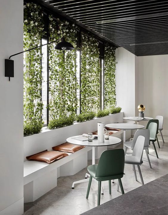 Modern Cafe Design: Bright, Airy Atmosphere with Nature-Inspired Aesthetics and Contemporary Comfort